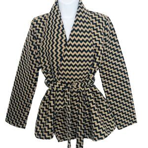 Anthropologie Black and Tan Zigzag Belted Pea Coat